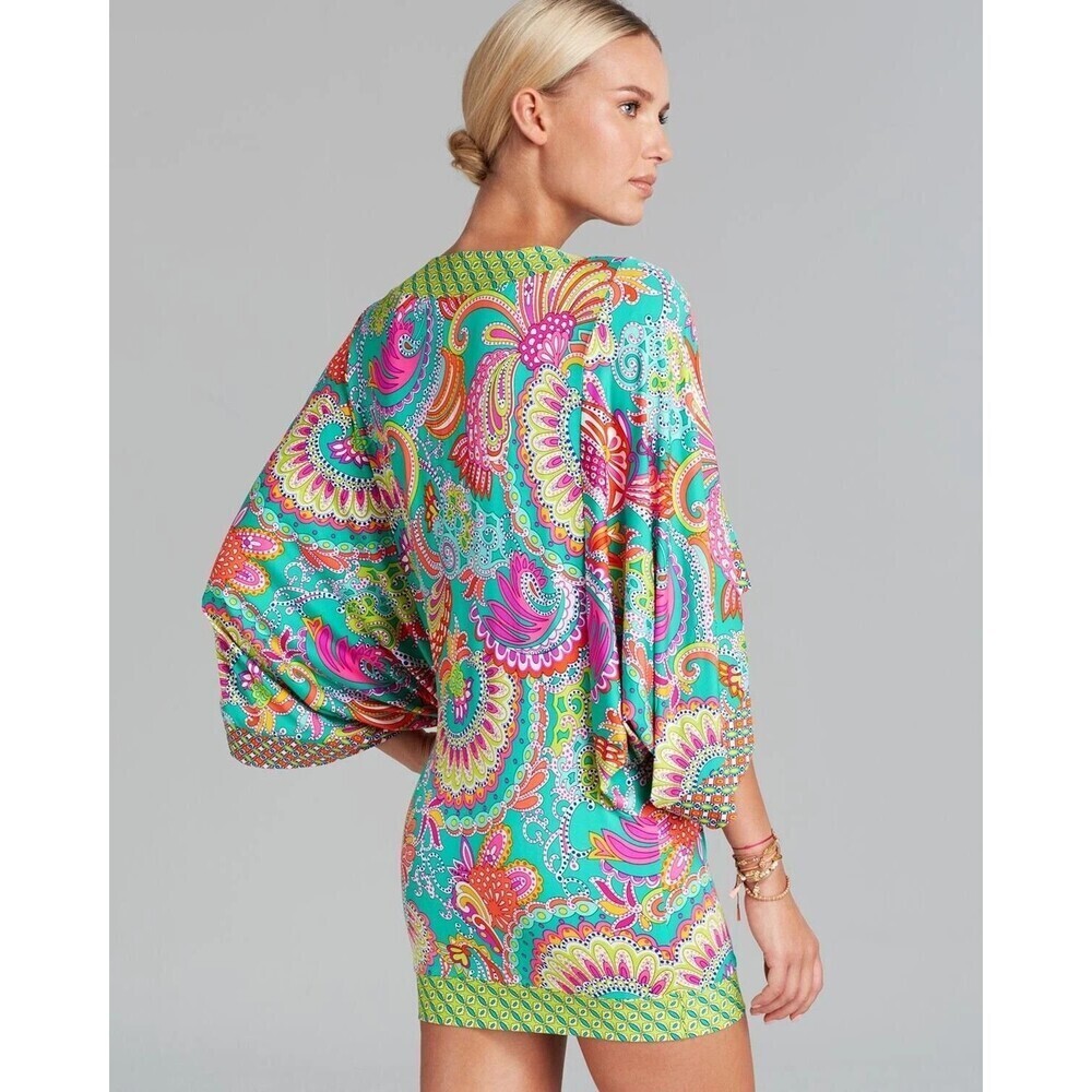 Trina Turk Tunic Top Womens Medium Multicolor Paisley Kimono Sleeve Boho V Neck - Picture 2 of 8